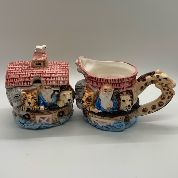 Noah’s Ark Ceramic Sugar & Creamer 3-piece set, 3-D Details - Picture 1 of 16